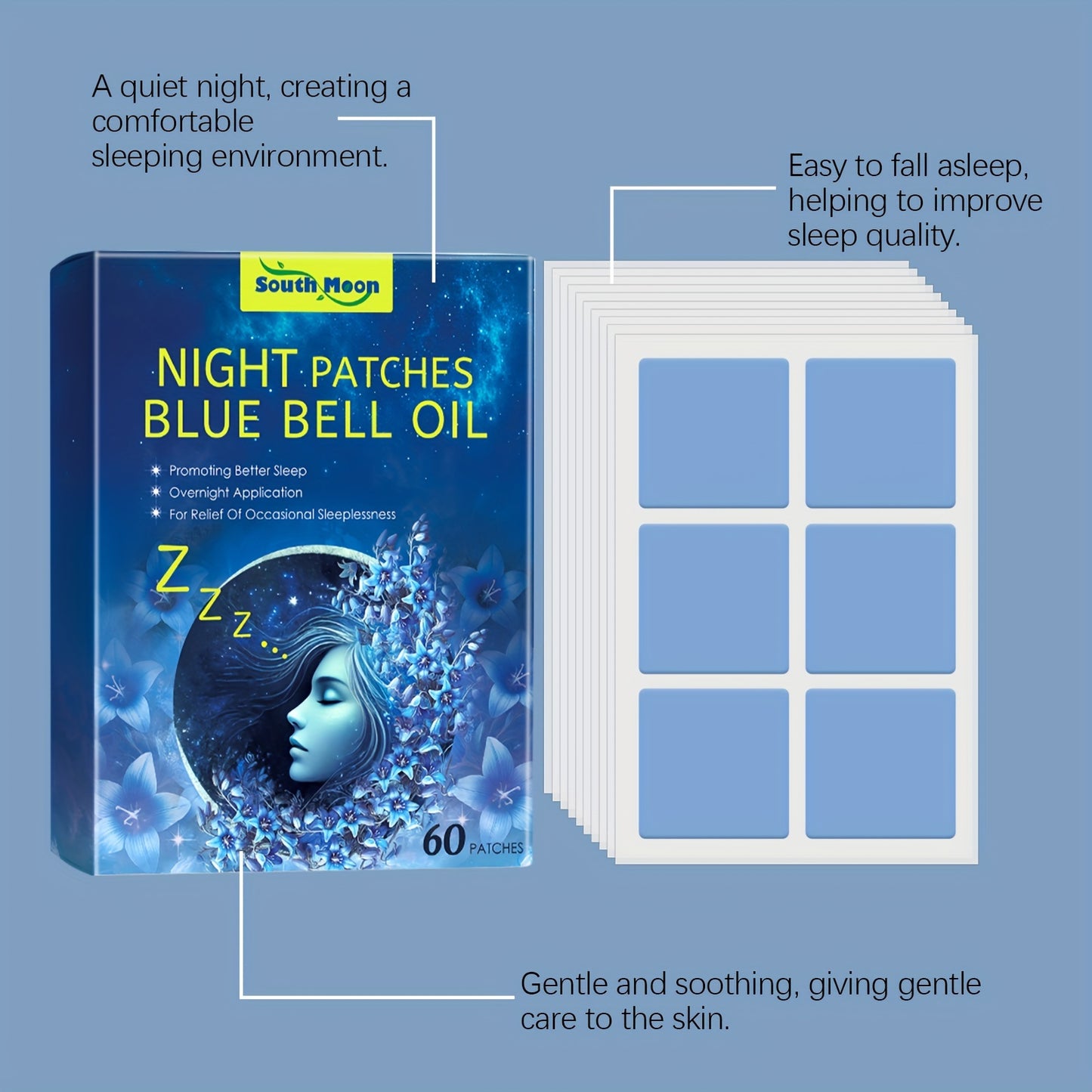 South Moon Night Patches – Natural Sleep Aid with Blue Bell Oil (60 Patches)